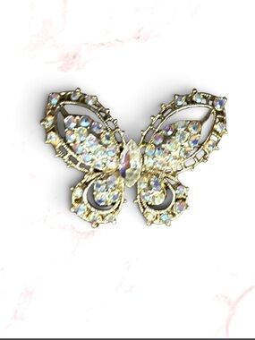 Vintage Filigree Gold and Rhinestone Butterfly Brooch